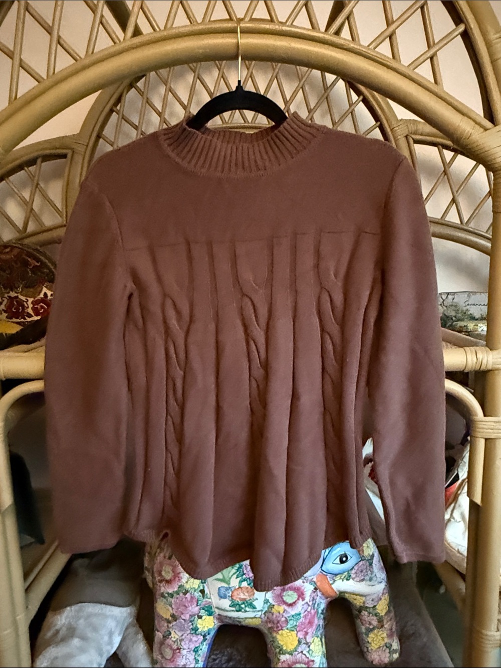 Kim Rogers Brown Cable-Knit Crewneck Sweater